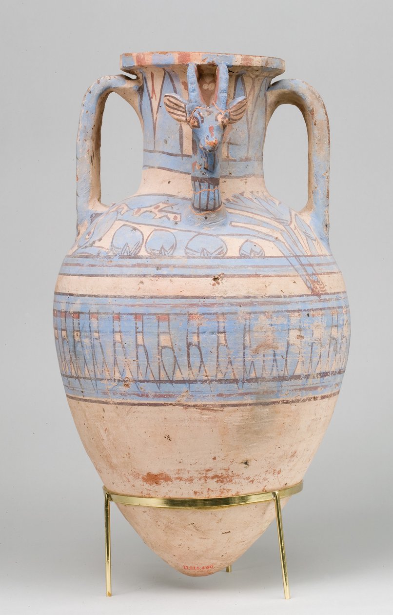 Siniseksi maalattu kivikautinen amfora Malqatasta, n. 1390-1353 eaa. (keramiikka, valkoinen kermaviili, maali). tekijältä Egyptian 18th Dynasty
