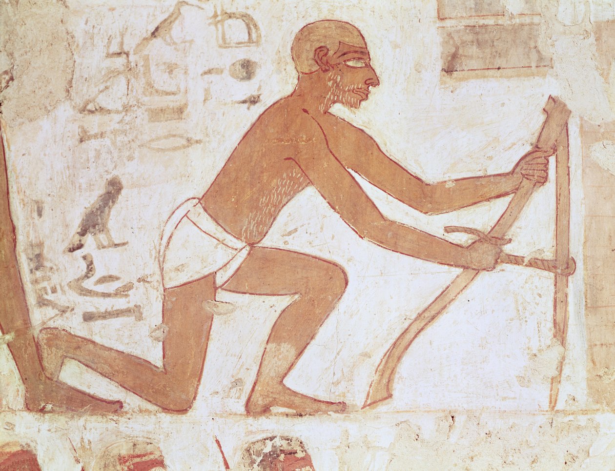 Seinän rakennus, yksityiskohta kuokkamiehestä, Tuthmosis III:n ja Amenhotep II:n visiirin Rekhmiren haudasta, Uusi kuningaskunta (seinämaalaus) (yksityiskohta 157750) tekijältä Egyptian 18th Dynasty
