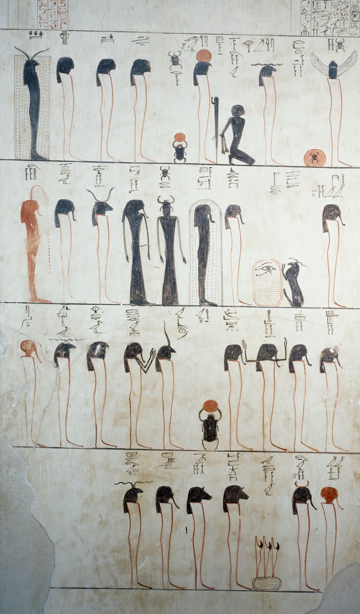 Kuvaus Ra-litaniasta, yksityiskohta freskoista Tuthmosis III:n hautakammiossa, Kuninkaiden laakso, Luxor, Thebes (Unescon maailmanperintöluettelo) tekijältä Egyptian 18th Dynasty