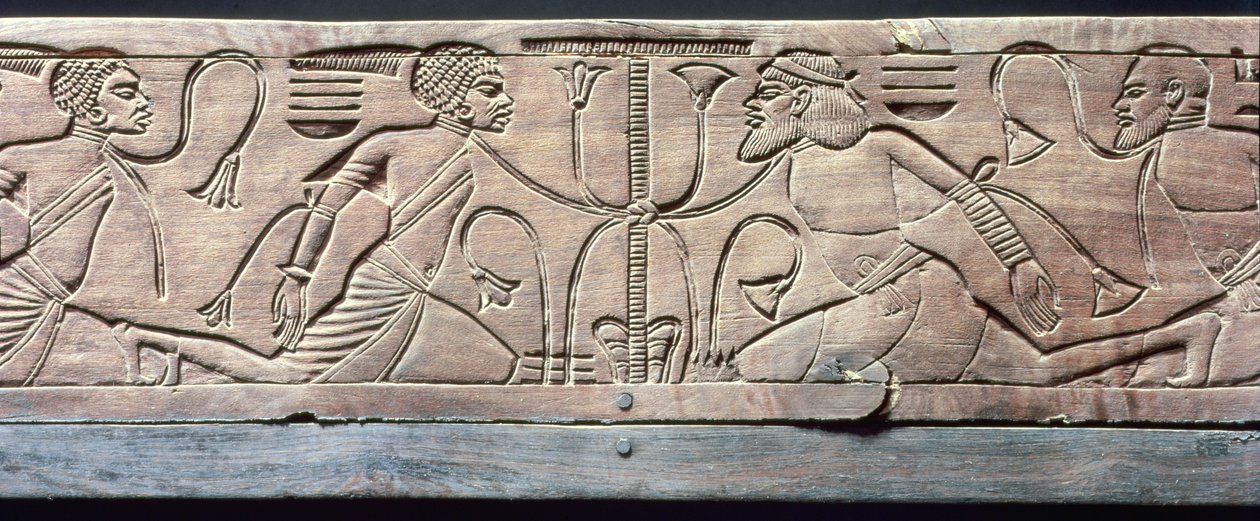 Yksityiskohta Tutankhamonin (n. 1370-52 eKr.) Uuden kuningaskunnan seremonialliselta jalustaltaan (puuta) tekijältä Egyptian 18th Dynasty