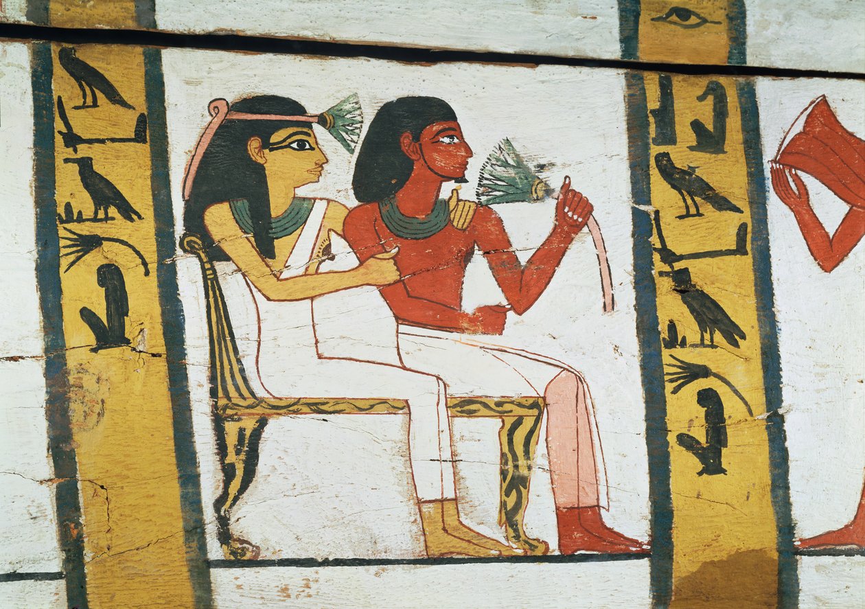 Yksityiskohta Madjan naisen sarkofagin koristeesta, Uusi kuningaskunta, n. 1450 eKr. (maalattu puu) tekijältä Egyptian 18th Dynasty