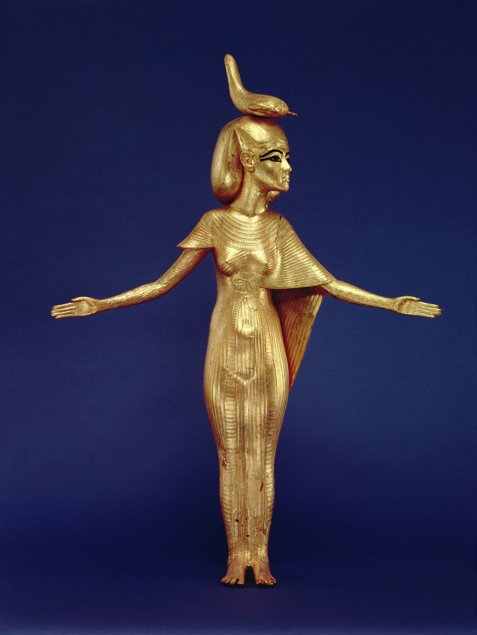 Yksityiskohta jumalatar Selketistä katoksen pyhäköstä, Tutankhamonin haudasta (n. 1370-1352 eKr.) Uusi kuningaskunta (kullattu puu) (katso myös 228567) tekijältä Egyptian 18th Dynasty