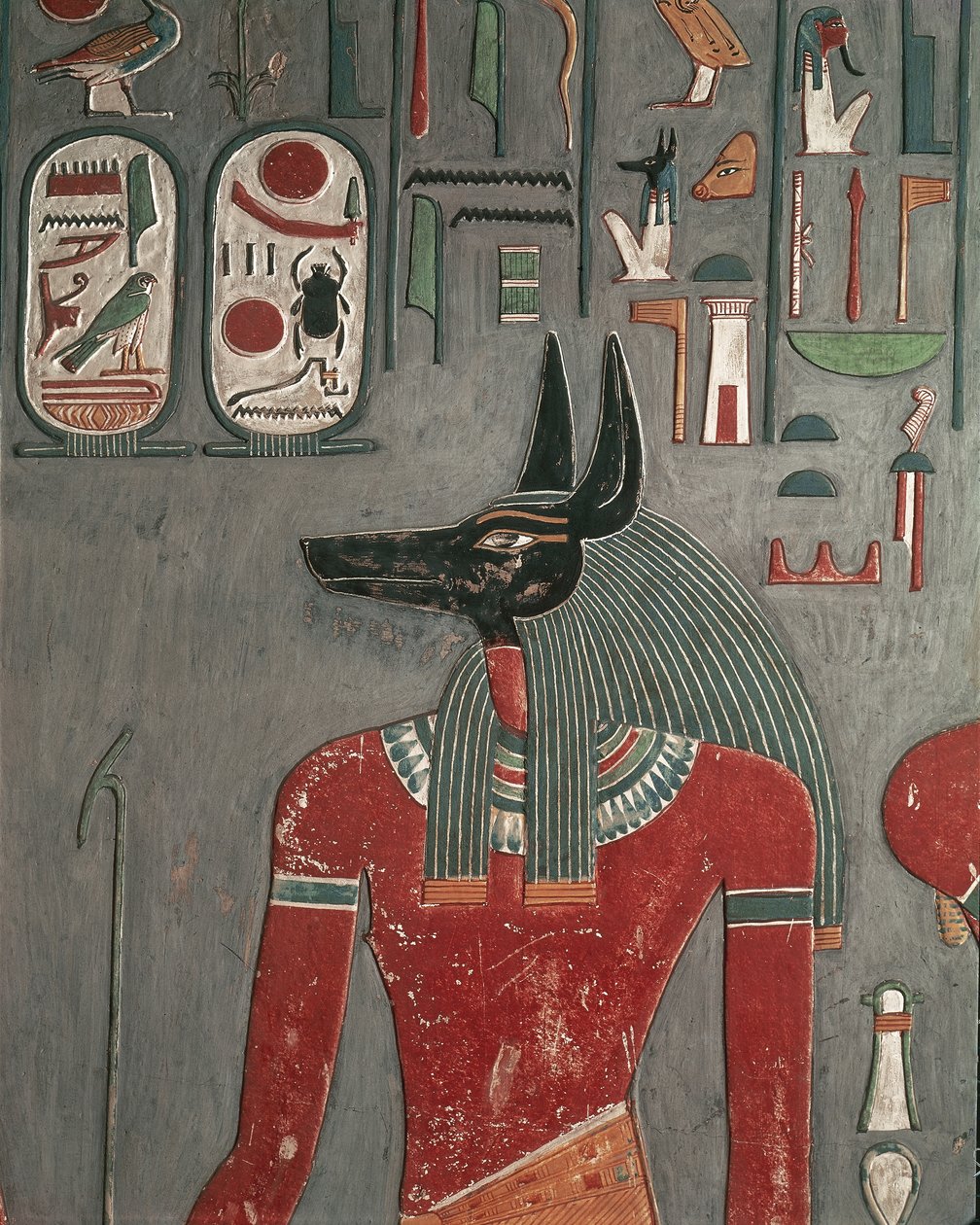 Egypti, muinainen Thebes, Kuninkaiden laakso, Anubiksen seinämaalaus Horemhebin haudalla tekijältä Egyptian 18th Dynasty