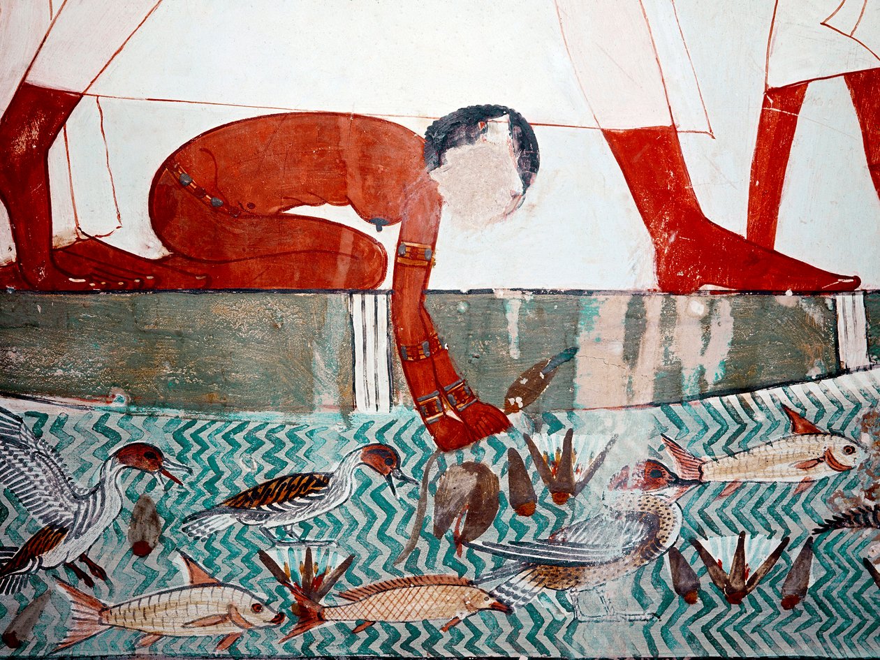Egyptiläinen taide: Mennan hauta. Kalakohtaus, yksityiskohta. Alaston piika poimii lootuksenkukan (18. dynastia) Luxorin fresko (Thebes, Sheikh Abd al-Gournah (Gournah), Niilin vasen ranta, Egypti). tekijältä Egyptian 18th Dynasty