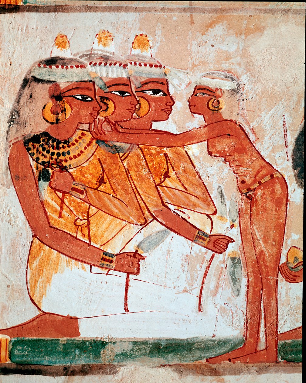 Egyptiläinen taide: Nakhtin hauta. WC: piika auttaa kolmea lootuskukkia pitelevää naista pukemaan koruja ennen hautajaisia. Luxorin fresko (Thebes, Sheikh Abd al-Gournahin nekropolis (Gournah), Niilin vasen ranta, Egypti. tekijältä Egyptian 18th Dynasty