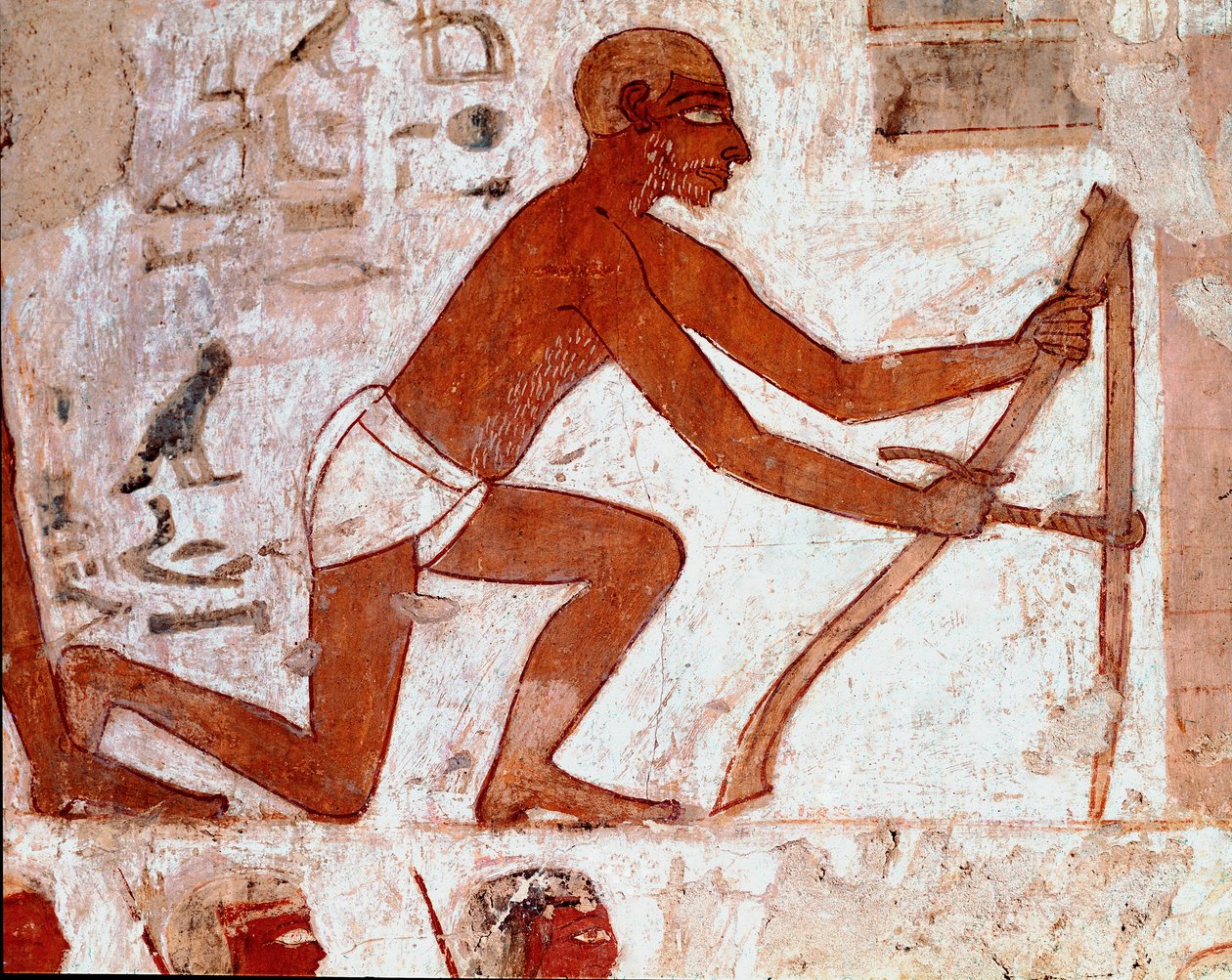 Egyptiläinen taide: Rekhmiren hauta. Ploucher työskentelee maataloustyökalunsa kanssa. Luxorin fresko (Thebes, Sheikh Abd al-Gournahin (Gournah) hautausmaa, Niilin vasen ranta, Egypti. - Muinainen Egypti: Rekhmiren hauta. Kyntäjän työ agrillaan tekijältä Egyptian 18th Dynasty
