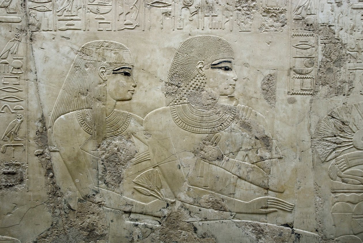 Egyptiläinen antiikki: bas reliefi, joka esittää hautajaisjuhlan vieraita - Visiiri Ramosen hauta (18. dynastia) - Luxor, Thebes, aatelisten hauta Egypti - Egyptin sivilisaatio: Basreliefi, joka kuvaa hautajaisjuhlan vieraita, hautakammiosta Tomb of tekijältä Egyptian 18th Dynasty