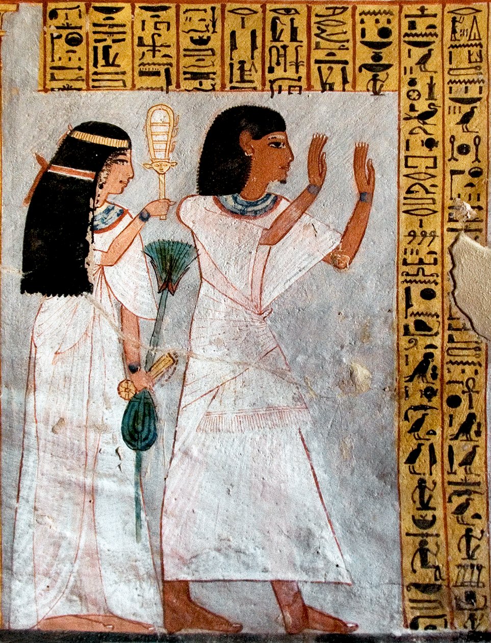 Egyptiläinen antiikki: palvonnan hahmot. Royn hauta (TT255). 18. dynastia. Luxorin Länsirannalta, Egyptistä - Muinainen Egypti: Pariskunta palvoo Osirista. Royn hauta (TT 255). 18. dynastia. Luxorin länsirannalta Egyptistä tekijältä Egyptian 18th Dynasty