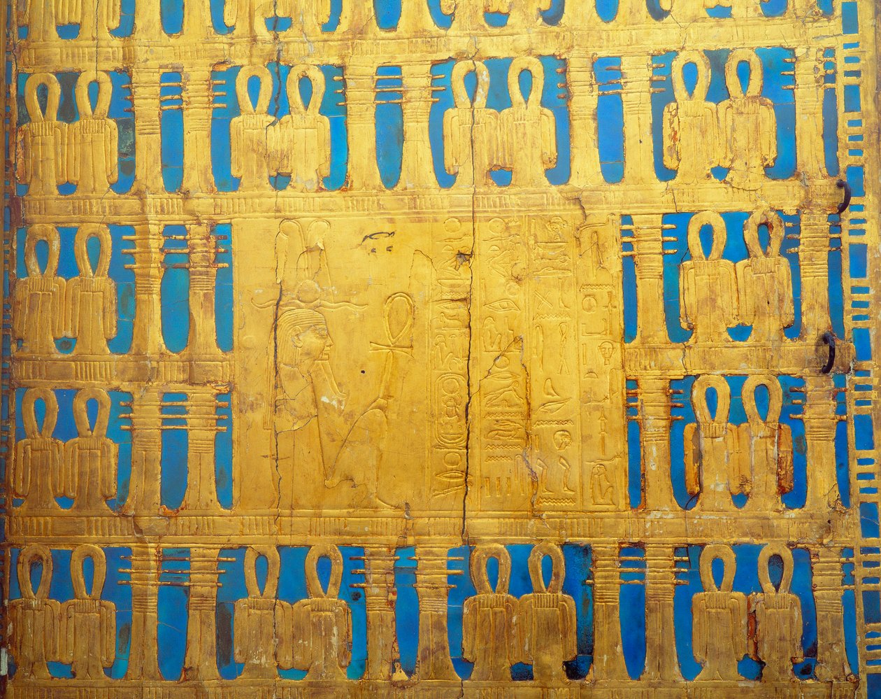 Egyptiläinen antiikki: katoslaatikon yksityiskohdat. Tutankhamonin tresori (All-Ankh-amun) tekijältä Egyptian 18th Dynasty