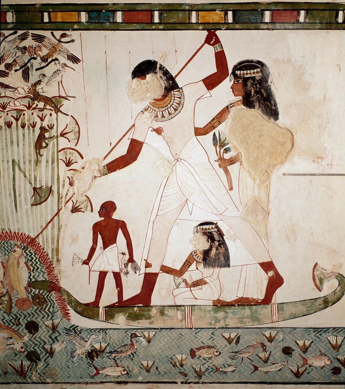 Egyptiläinen antiikki: "" kalastuskohtaus"" Jalo Menna kuvaa veneessä vaimonsa harponoimassa kalaa. Fresko Mennan haudasta (TT69) Gournahin aatelisten hauta-alueelta. Sheikh Abd al-Gournah (el Gournah), Luxor Egypti tekijältä Egyptian 18th Dynasty