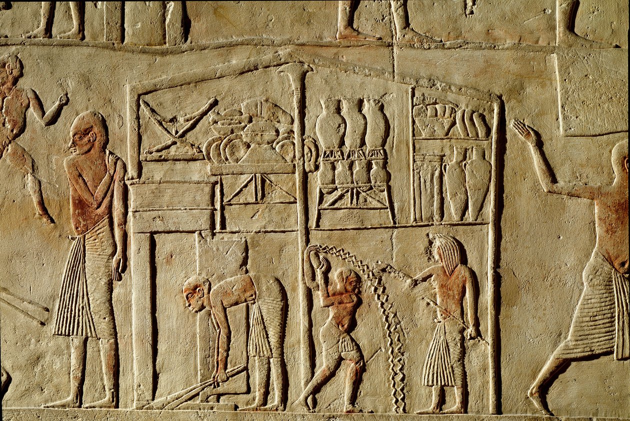 Egyptiläinen antiikki: "" elintarvikkeita säilytetään varastoissa"" Reliefi 18. dynastian korkean virkamiehen hautaa koristamassa. Bologna Civico Museo Archeologico tekijältä Egyptian 18th Dynasty