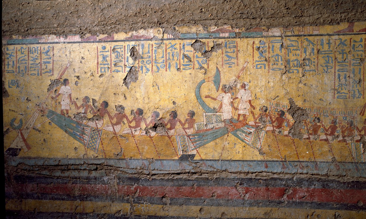 Egyptiläistä antiikkia: taidemaalari Maian haudan fresko, pyhiinvaellus veneellä Abydoksessa, Osiriksen lainaus. 18. dynastia. Maian kappelista, Deir el-Medineh (el Medineh), New Empire Dim. 67 cm Torino, Egyptiläinen museo tekijältä Egyptian 18th Dynasty