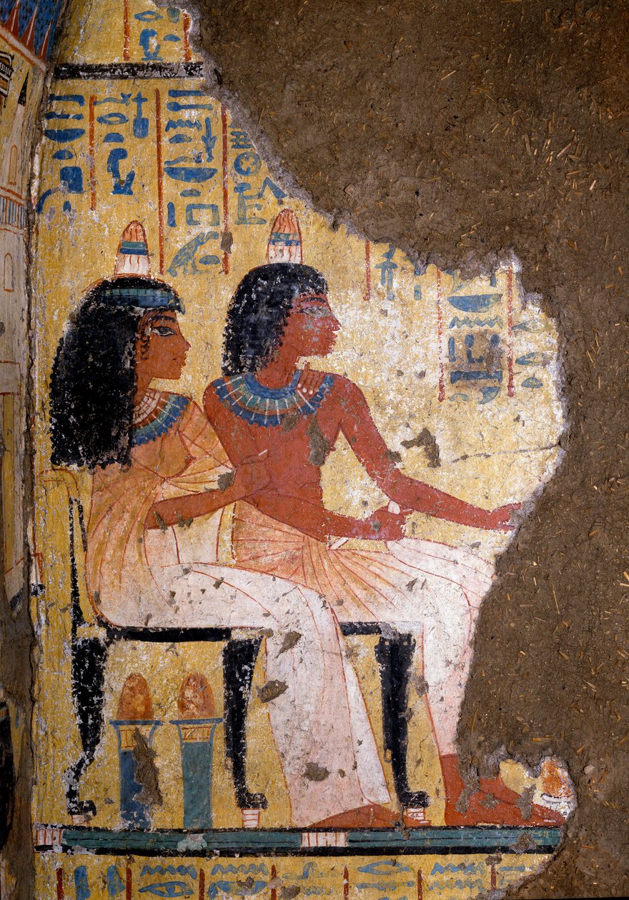 Egyptiläistä antiikkia: taidemaalari Maian haudan fresko, vainaja ja hänen vaimonsa istumassa juhlilla. 18. dynastia. Maian kappelista, Deir el-Medineh (el Medineh), New Empire Dim. 67 cm Torino, Egyptiläinen museo tekijältä Egyptian 18th Dynasty