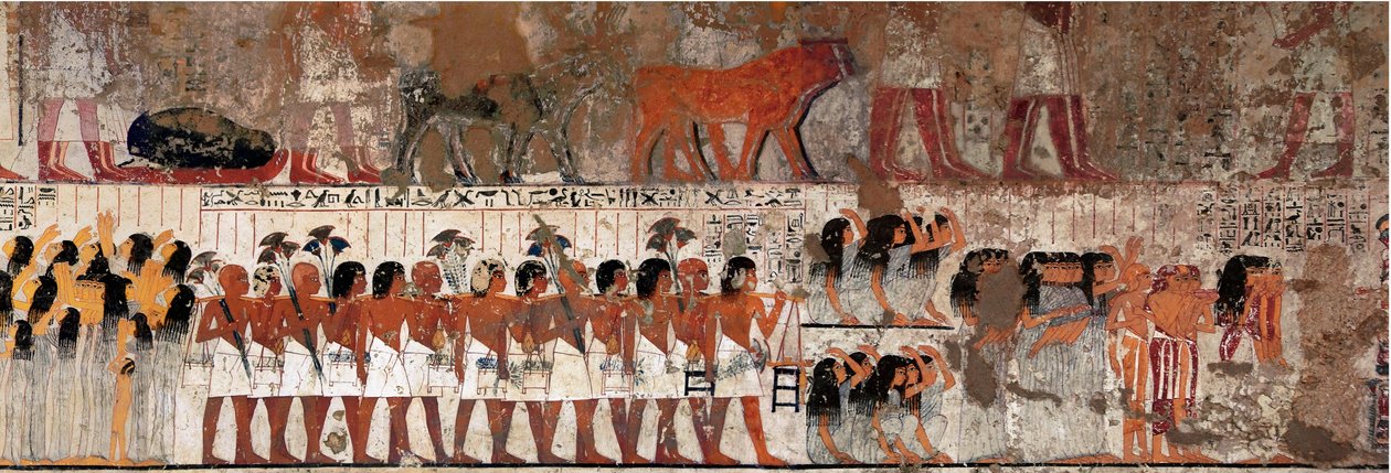 Egyptiläinen antiikki: hautajaiskohtaus, jossa itketään. Ramosen (1411-1375 eKr.), Theban kuvernöörin ja visiirin, Amenofis IV:n valtakauden alun hauta. Gournahin hautausmaa (Sheikh Abd el-Gournah), Egypti - Muinainen Egypti: surijoita hautajaiskulkueessa. tekijältä Egyptian 18th Dynasty