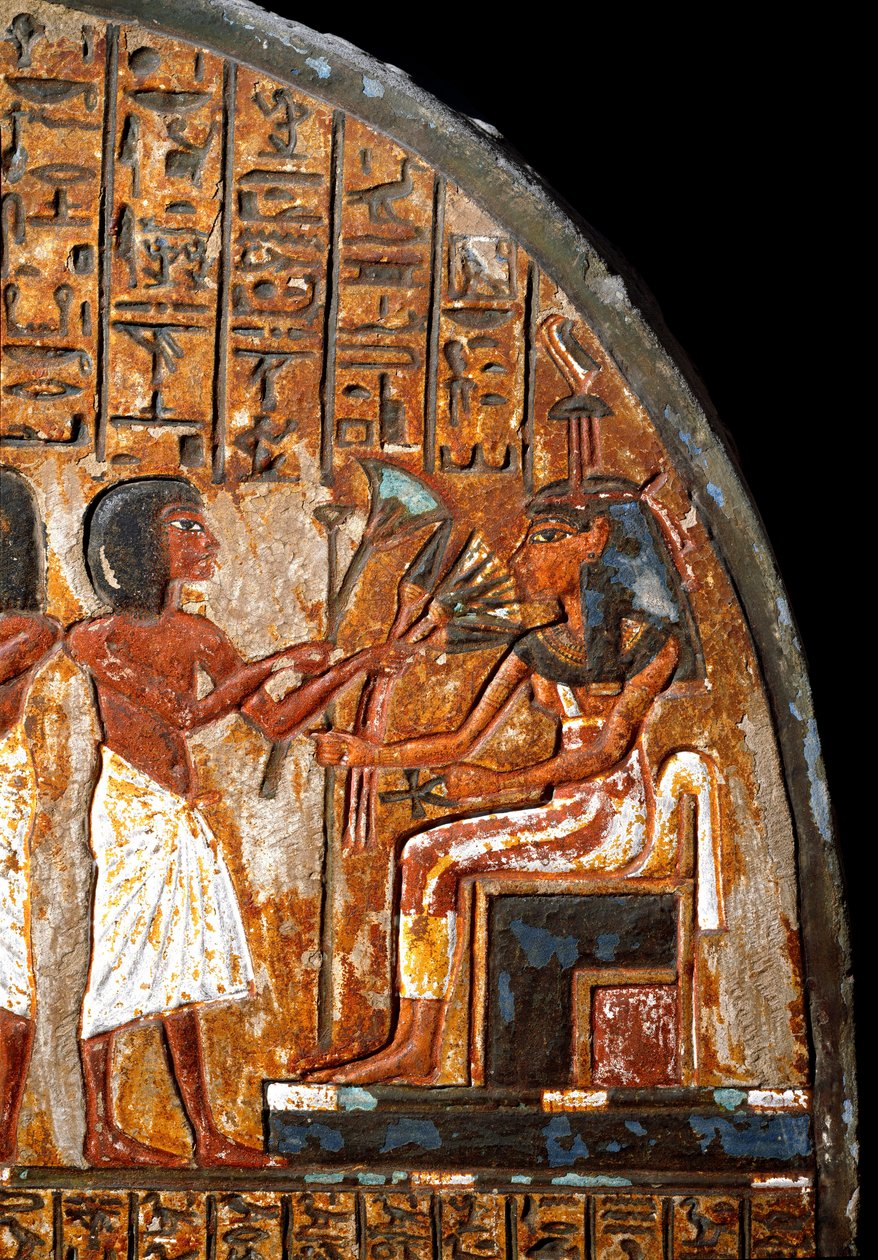 Egyptiläinen antiikki: Minhotepin hautausmaa: yksityiskohta, joka edustaa kukkien uhria jumalatar Hathorille, jolla on elämän avainta Ansee-ristin (Ankh) muodossa. 18. dynastia. 1300-luvulla eaa. Torino, Egyptiläinen museo tekijältä Egyptian 18th Dynasty