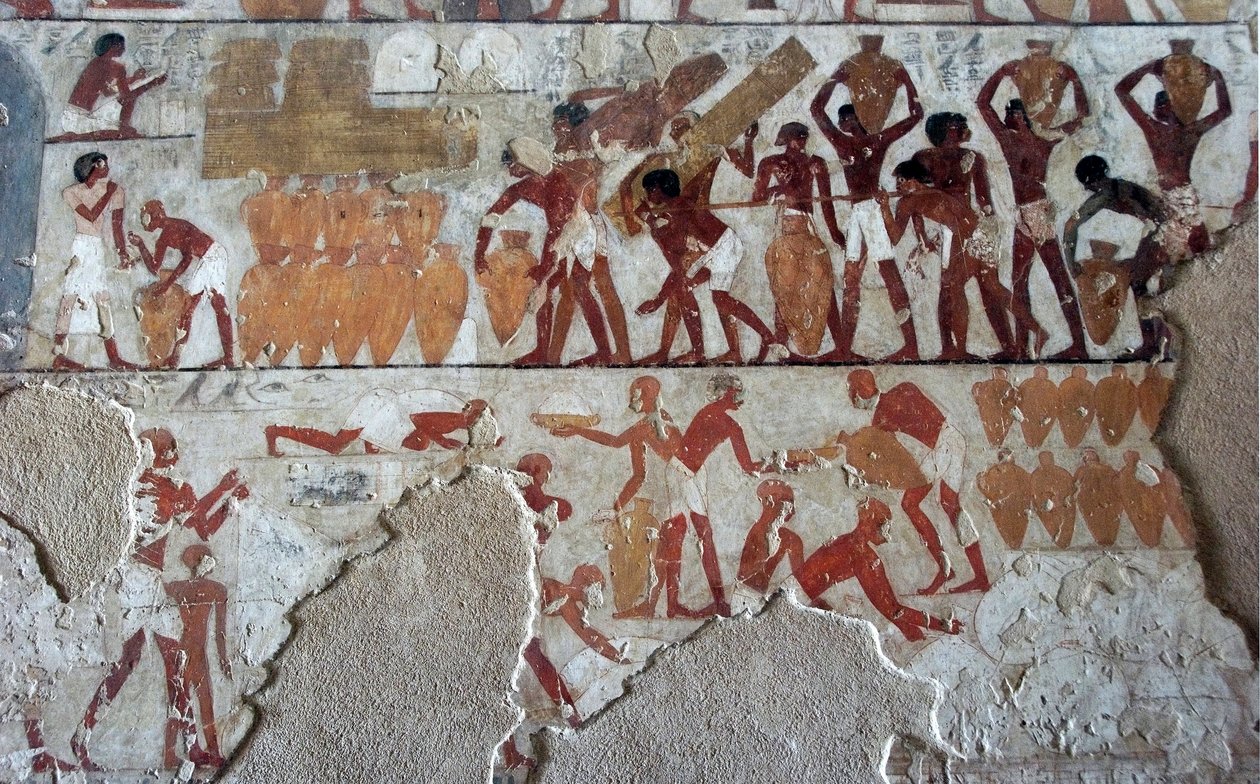 Egyptiläinen antiikki: 18. dynastian visiirin Rekhmiren hautaa koristava maalaus (TT100) tekijältä Egyptian 18th Dynasty