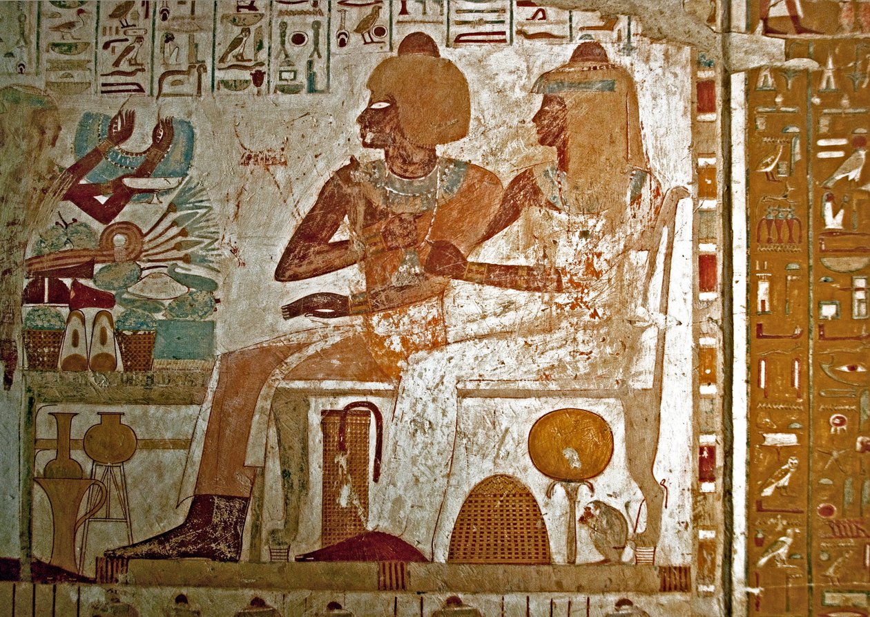 Egyptiläinen antiikki: maalaus kylpylä (18. dynastia) vanhemman virkamiehen (18. dynastian) hautaa koristava maalaus hänen vaimonsa Mutneferetin (Moutneferet) kanssa vastaanottamassa lahjoituksia (kaulakoru, tarjotin lootuksenkukalla ja ruokaa). Luxor, Wes tekijältä Egyptian 18th Dynasty