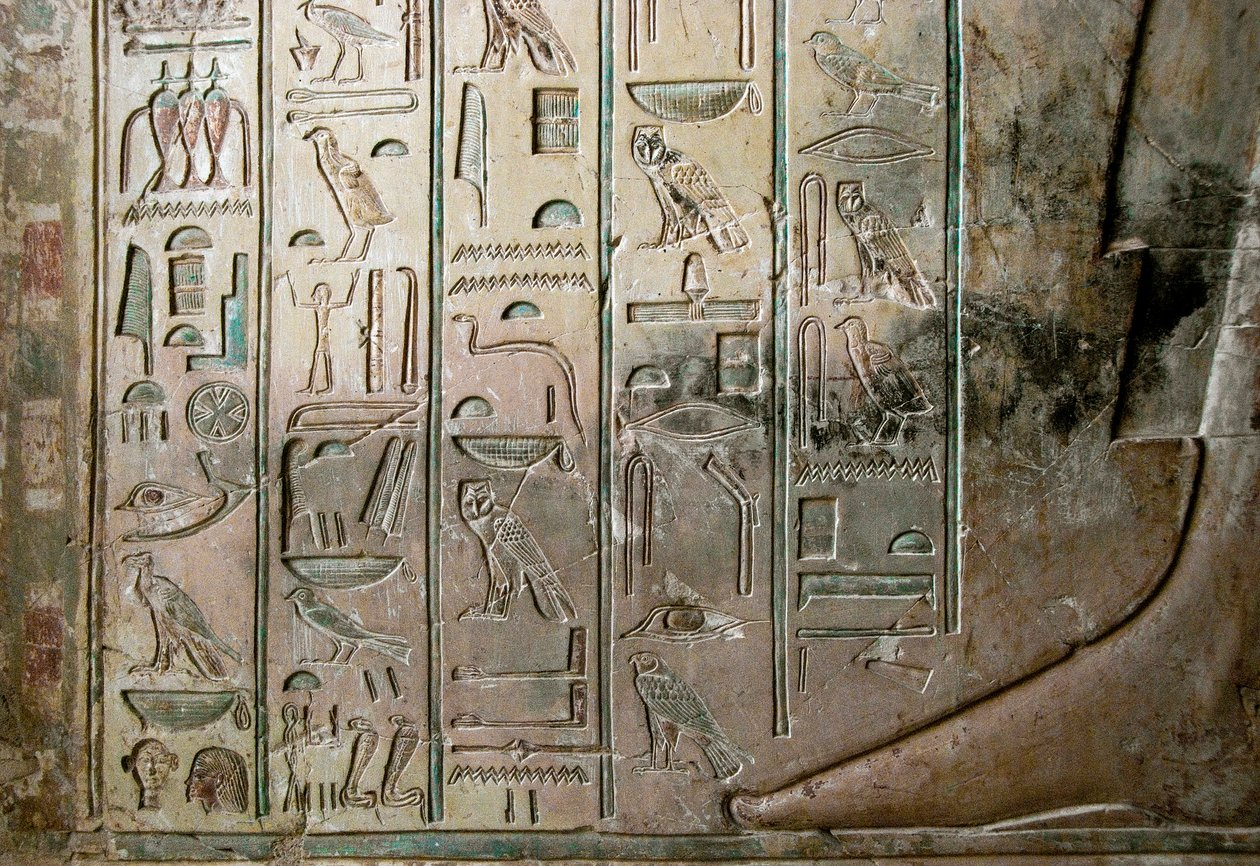 Egyptiläinen antiikki: Amenophis III:n hovissa (TT57) ullakkotarkastajan ja kirjuri Kha em Hetin (Khaemhat) haudan kohokuviot ja hieroglyfit. 18. dynastia. 1530-1290 eaa. Vallee des Nobles. Luxor, Länsiranta, Egypti tekijältä Egyptian 18th Dynasty