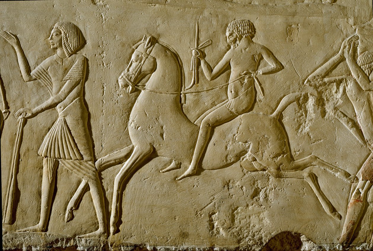 Egyptiläinen antiikki: helpotus soturilla hevosen selässä. 18. dynastian loppu tekijältä Egyptian 18th Dynasty