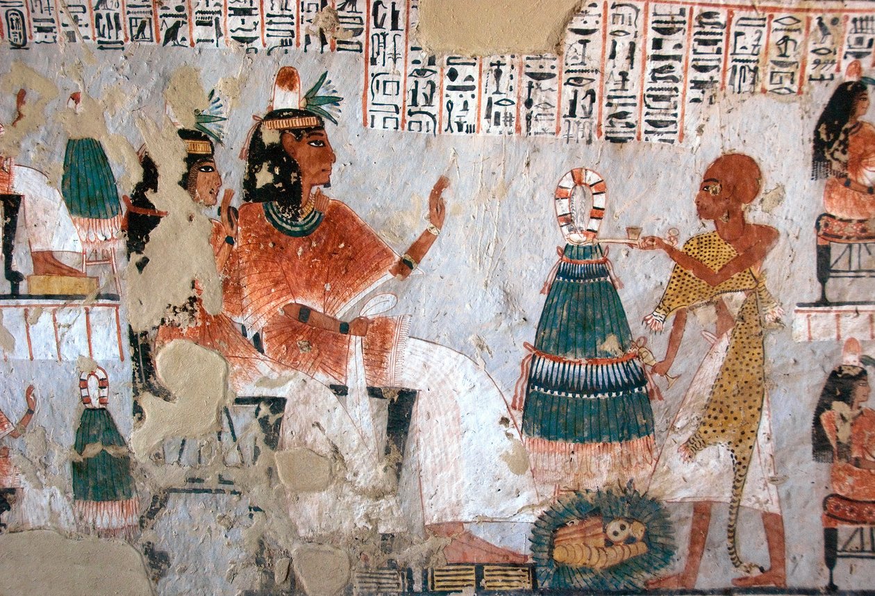 Egyptiläinen antiikki: Roy ja hänen vaimonsa Nebtawy päin ylipappia. Royn haudan maalaus (TT255). 18. dynastia. Luxorin Länsirannalta Egyptistä tekijältä Egyptian 18th Dynasty