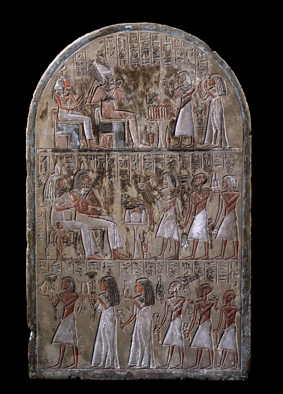 Egyptiläinen antiikki: Maia-parin stele, lakkautettu tarjous lahjoja jumalille. 18. dynastia. Maian kappelista, Deir el-Medineh (el Medineh), New Empire Dim. 67 cm Torino, Egyptiläinen museo tekijältä Egyptian 18th Dynasty
