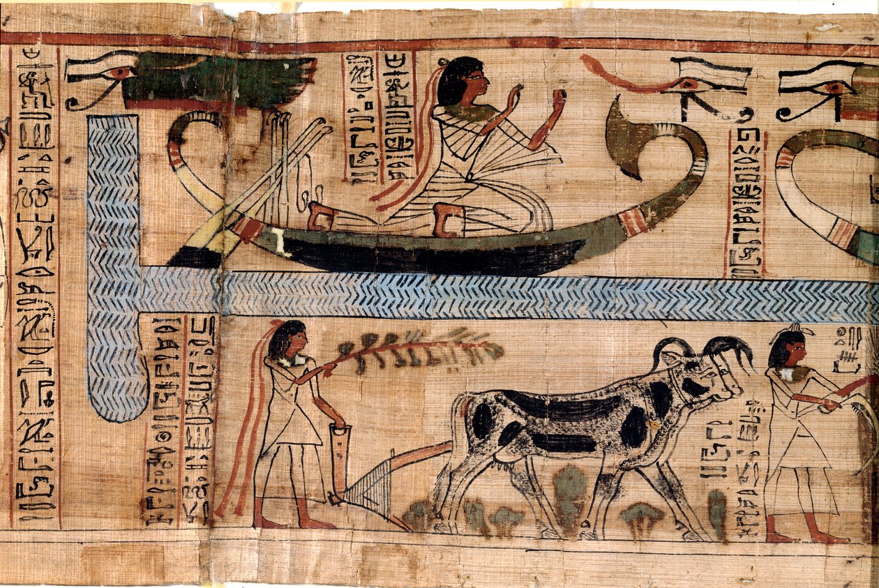 Egyptiläinen antiikin aika: edesmenneen Anerin nimi edustaa Osiriksen veneessä kynnyksen ja sielujen punnituksen (psykostaasi) kohtausta. Papyrus kuolleiden kirjasta, 20. dynastia, Thebasta. Torino, egyptiläinen museo - Muinainen Egypti: kuolleiden nimi tekijältä Egyptian 18th Dynasty