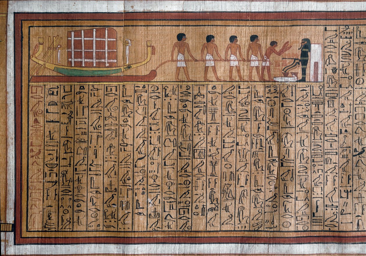 Egyptiläinen antiikki: katafalkin kuljetus haudalle. Papyrus. Khan kuolleiden kirja. 18. dynastia tekijältä Egyptian 18th Dynasty