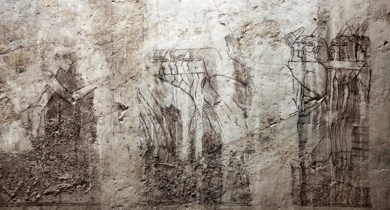 Egyptiläinen antiikin aika: keskeneräiset piirustukset, jotka koristavat Vizir Ramosen hautaa (18. dynastia). Luxor, Länsiranta, Egyptin aatelisten hauta tekijältä Egyptian 18th Dynasty