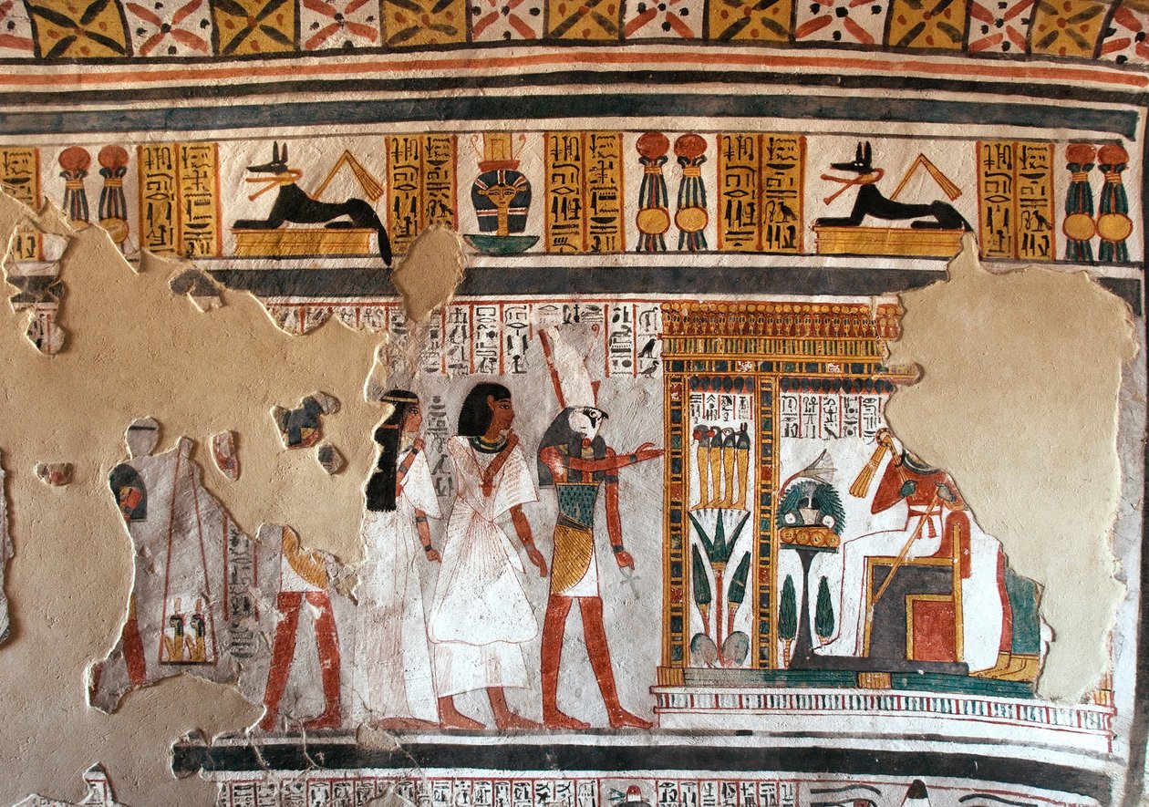 Egyptiläinen antiikki: Horus opastaa Royn ja hänen vaimonsa Osirikseen. Fragmentit freskosta Tomb of Royn haudasta (TT255). 18. dynastia. Luxorin Länsirannalta Egyptistä tekijältä Egyptian 18th Dynasty