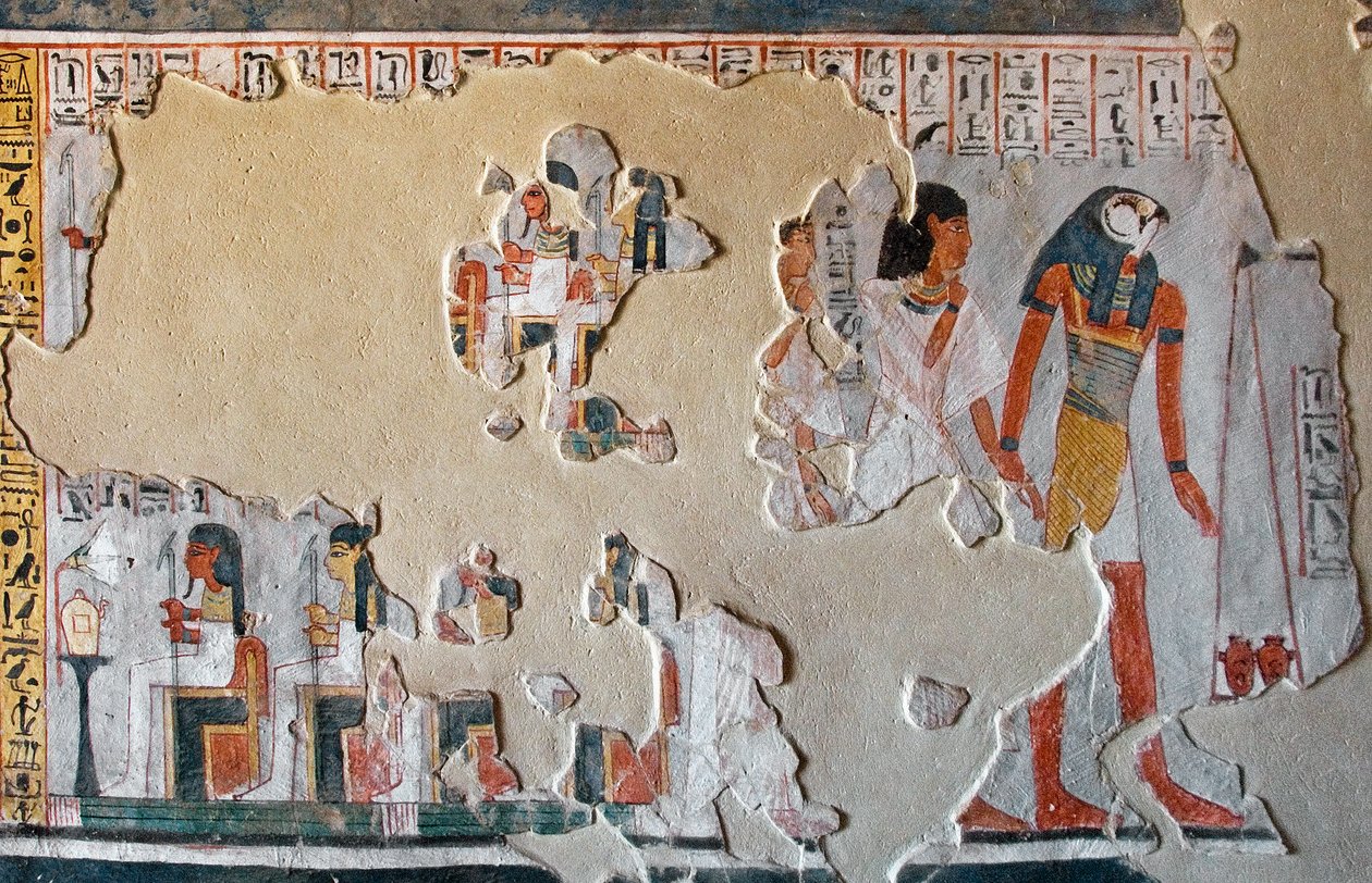 Egyptiläinen antiikki: Horus opastaa Royn ja hänen vaimonsa sydämen kimppuun. Fragmentit freskosta Tomb of Royn haudasta (TT255). 18. dynastia. Luxorin Länsirannalta Egyptistä tekijältä Egyptian 18th Dynasty