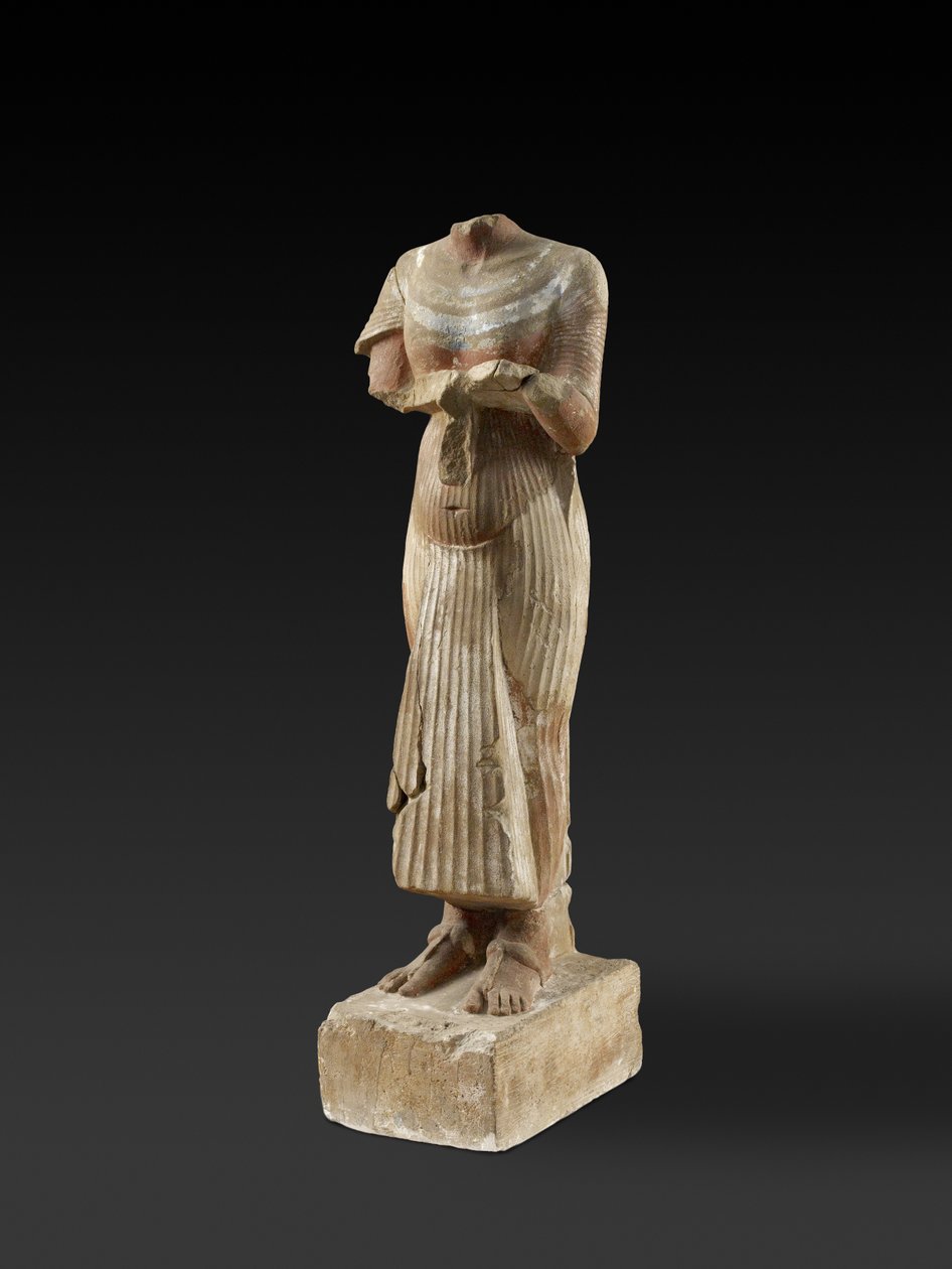 Farao Ehnatonin hahmo pitelee uhripöytää (veistetty ja maalattu hiekkakivi) tekijältä Egyptian 18th Dynasty