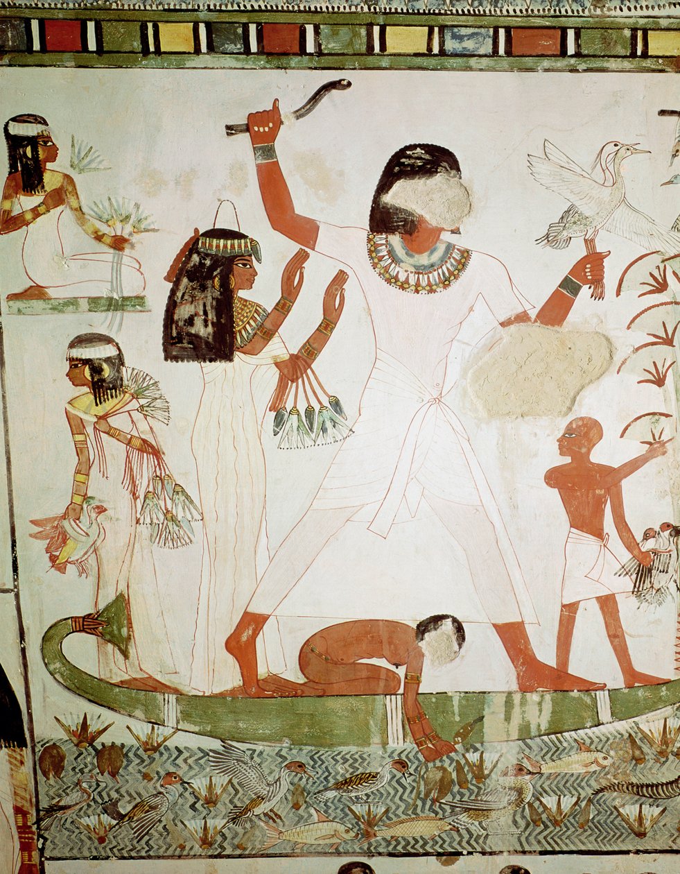 Kalastusta ja lintuja suoilla, yksityiskohta Mennan hautakappelista, Uudesta kuningaskunnasta (seinämaalaus) tekijältä Egyptian 18th Dynasty