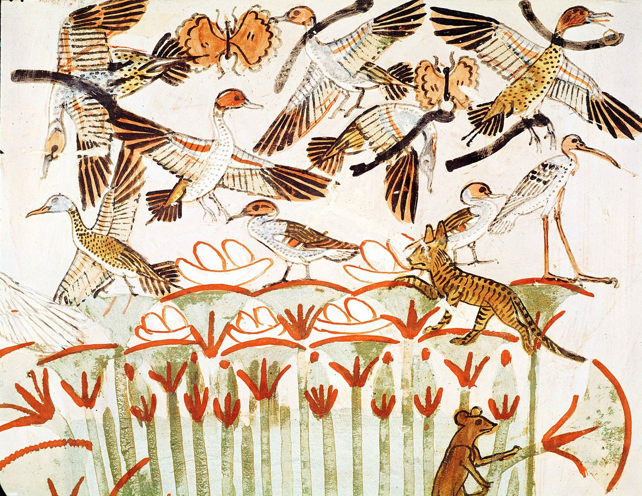 Kalastusta ja lintuja suoilla, yksityiskohta lintuista, Mennan hautakappelista, Uudesta kuningaskunnasta (seinämaalaus) tekijältä Egyptian 18th Dynasty