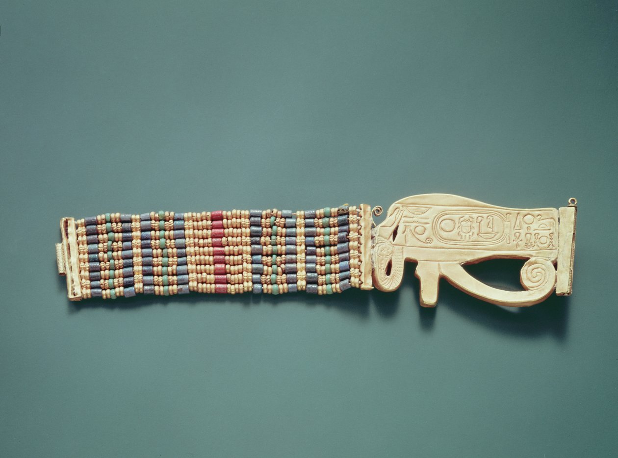 Joustava helmirannekoru, Tutankhamonin haudasta, Uusi valtakunta (kultaa ja karneolia, kulta-, fayanssi- ja lasihelmiä) (ks. myös 391012-13). tekijältä Egyptian 18th Dynasty