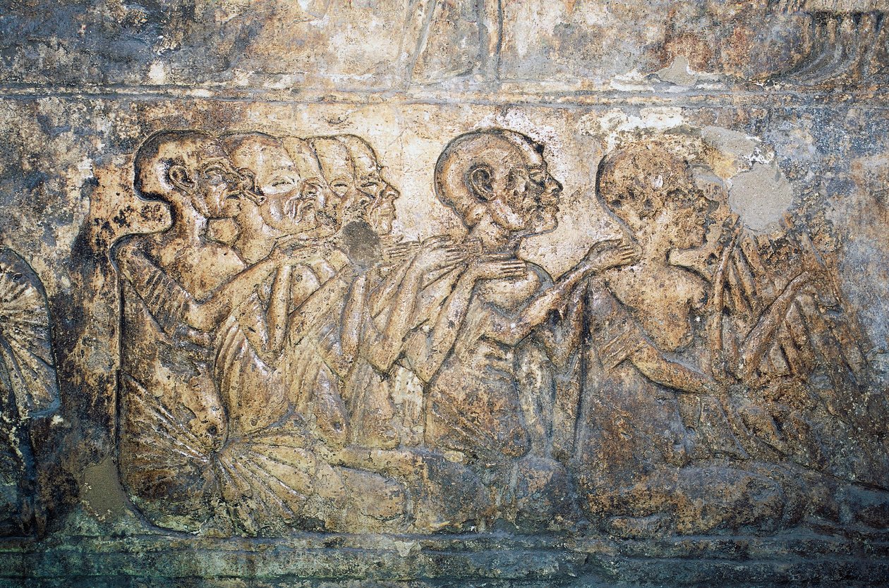 Ulkomaalaiset vieraat jakavat lahjoja kuningatar Nefertitille, bareljeef Meriren haudasta, Tell el-Amarnan hautausmaa, Egypti, Egyptin sivilisaatio, Uusi kuningaskunta, dynastia XVIII tekijältä Egyptian 18th Dynasty