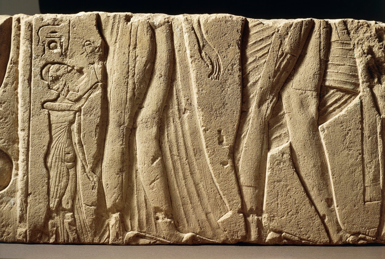 Hermopolista peräisin oleva veistetyn seinän katkelma, joka esittää prinsessaa, joka seuraa vanhempiaan ja Akenatonin poikaa. tekijältä Egyptian 18th Dynasty