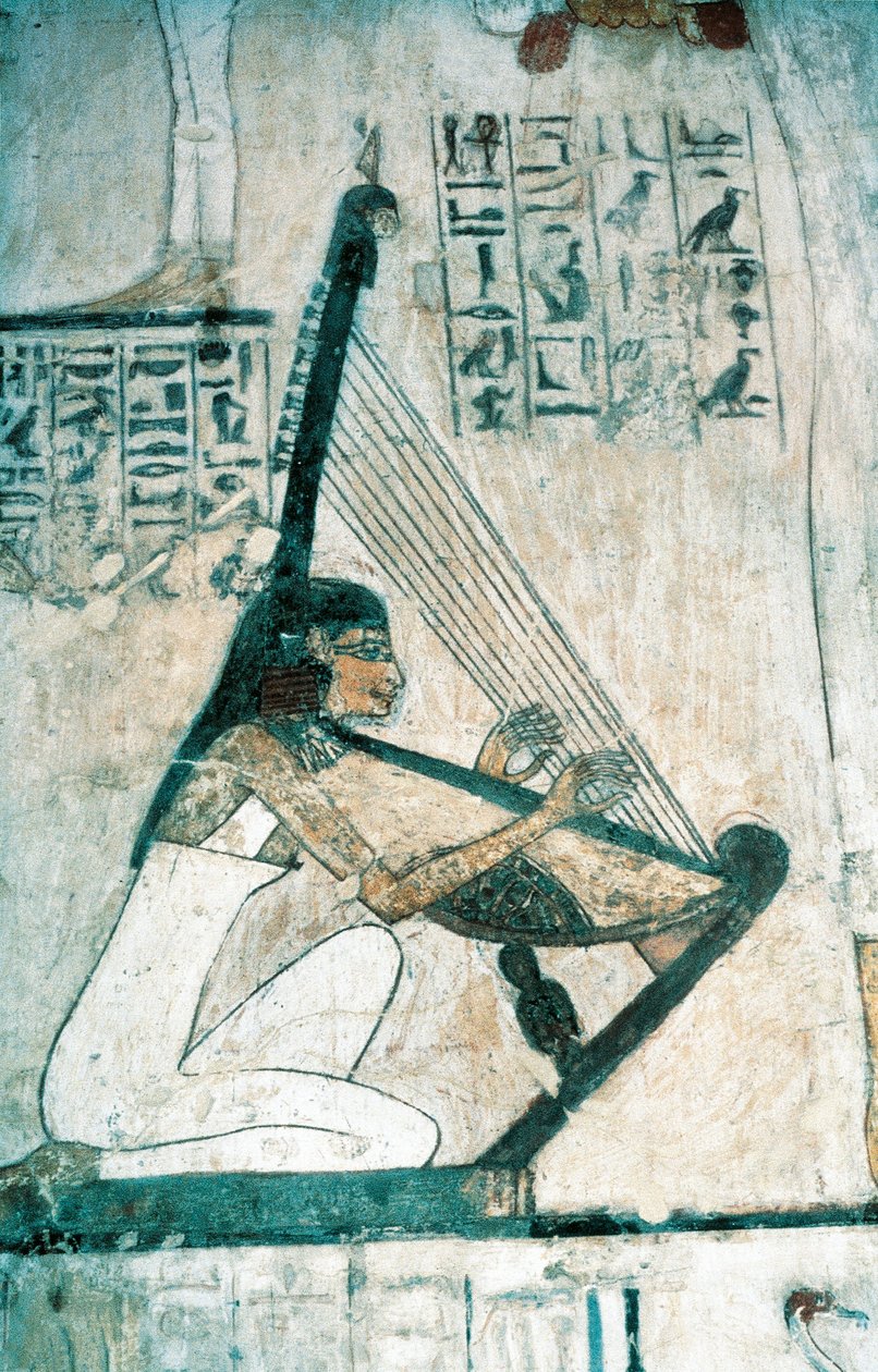 Freskot, jotka kuvaavat hautausjuhlakohtausta harpistin kanssa Uudesta kuningaskunnasta tekijältä Egyptian 18th Dynasty
