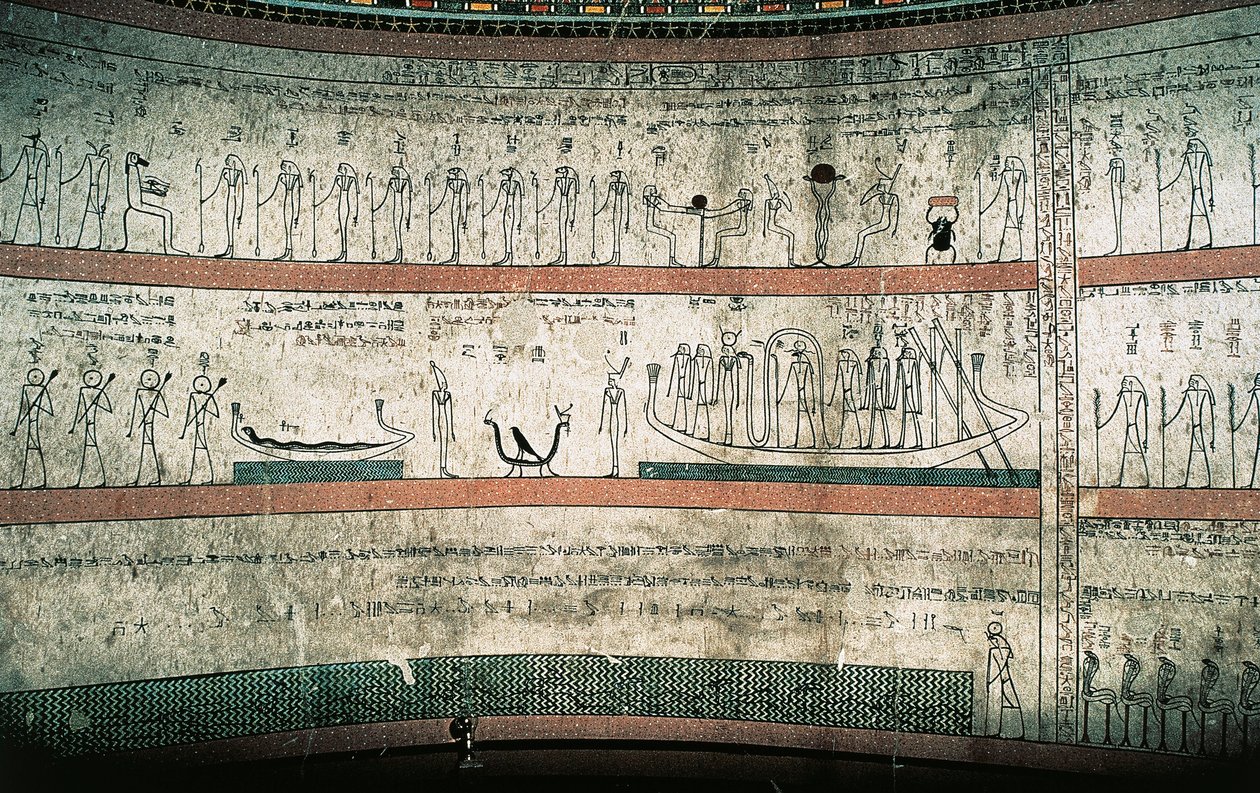Freskot, jotka kuvaavat Amduatin kirjaa, aurinkoveneen matkaa, hautakammioiden länsi seinällä tekijältä Egyptian 18th Dynasty