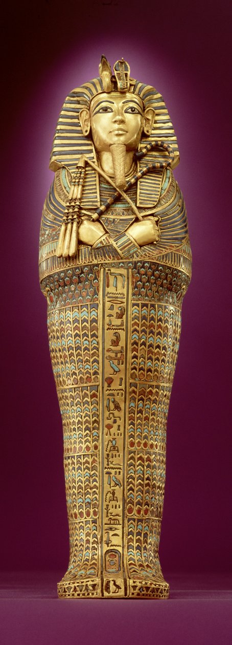 Etunäkymä yhdestä katosarkusta, Tutankhamonin haudasta (n. 1370-1352 eKr.) Uusi kuningaskunta (vahattua kultaa, värillisellä lasilla ja korneolilla koristeltu) (katso myös 227990 & 227992) tekijältä Egyptian 18th Dynasty