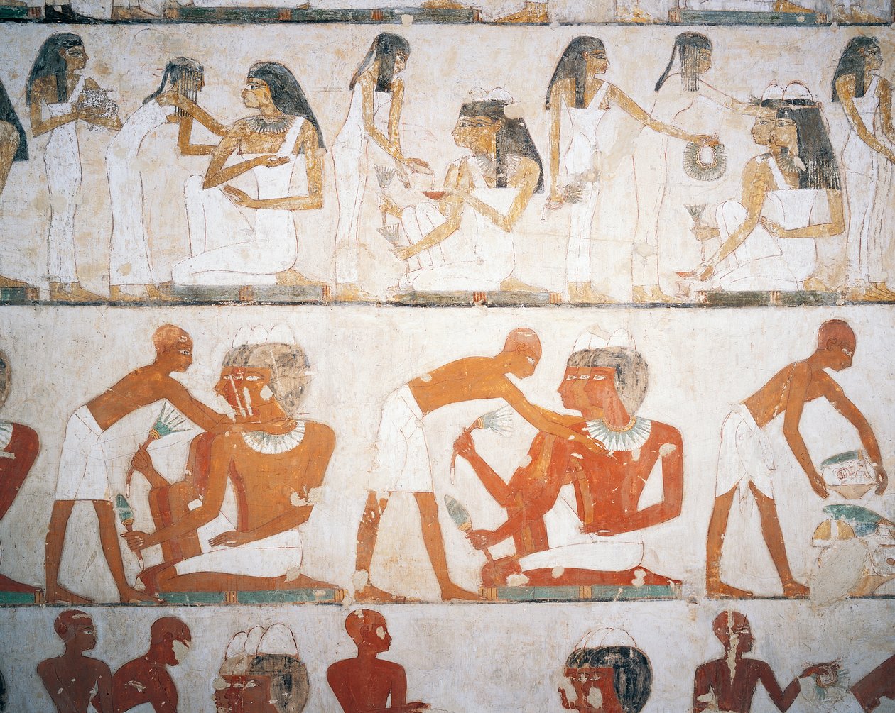 Hautajaisjuhla, miehet ja naiset pukevat koruja, fresko, Rekhmiren hauta (TT100), Sheikh Abd el-Qurna, Thebe (Unescon maailmanperintöluettelo). tekijältä Egyptian 18th Dynasty