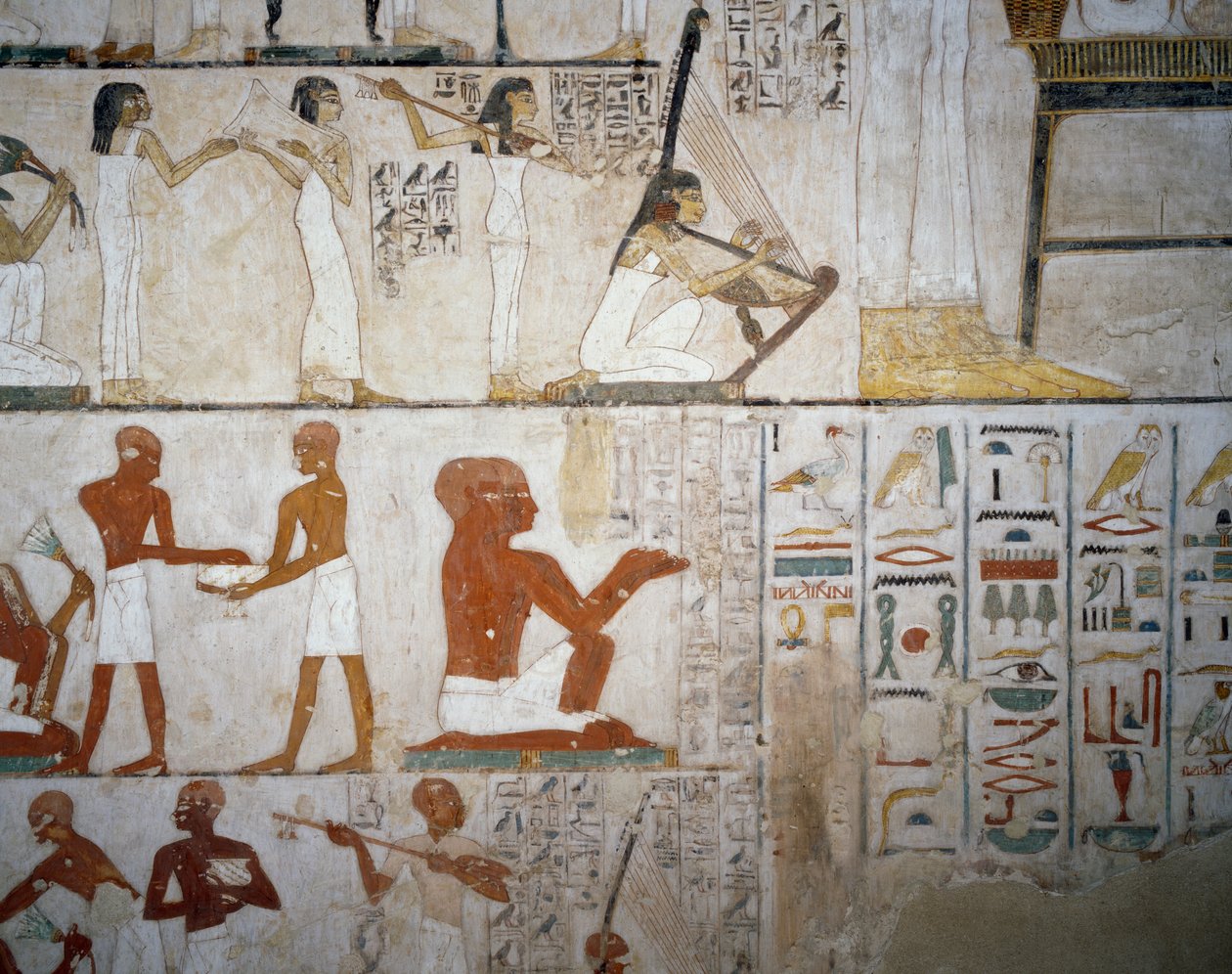 Hautajaiset naismuusikoiden, miesten ja muusikoiden kanssa, yksityiskohta freskoista Rekhmiren haudassa, Sheikh Abd el Qurnah Necropolis, Luxor, Thebes (Unescon maailmanperintöluettelo) tekijältä Egyptian 18th Dynasty