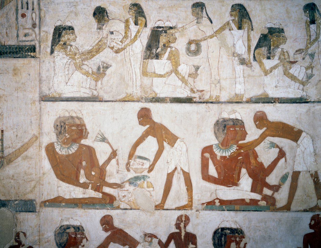 Hautajaiset naismuusikoiden, koruja pukevien naisten, miesten ja muusikoiden kanssa, freskoja Rekhmiren haudassa, Sheikh Abd el Qurna Necropolis, Luxor, Thebes (Unescon maailmanperintöluettelo) tekijältä Egyptian 18th Dynasty