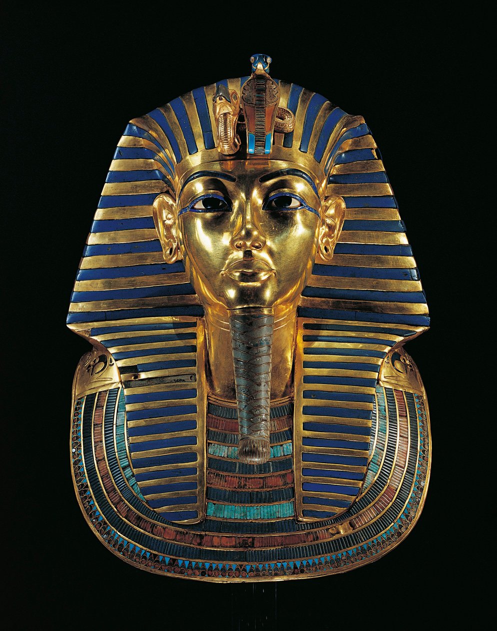 Tutankhamenin (1347/1338 eaa.) kultainen hautanaamio, jossa on lapis lazuli, obsidiaani ja turkoosi tekijältä Egyptian 18th Dynasty