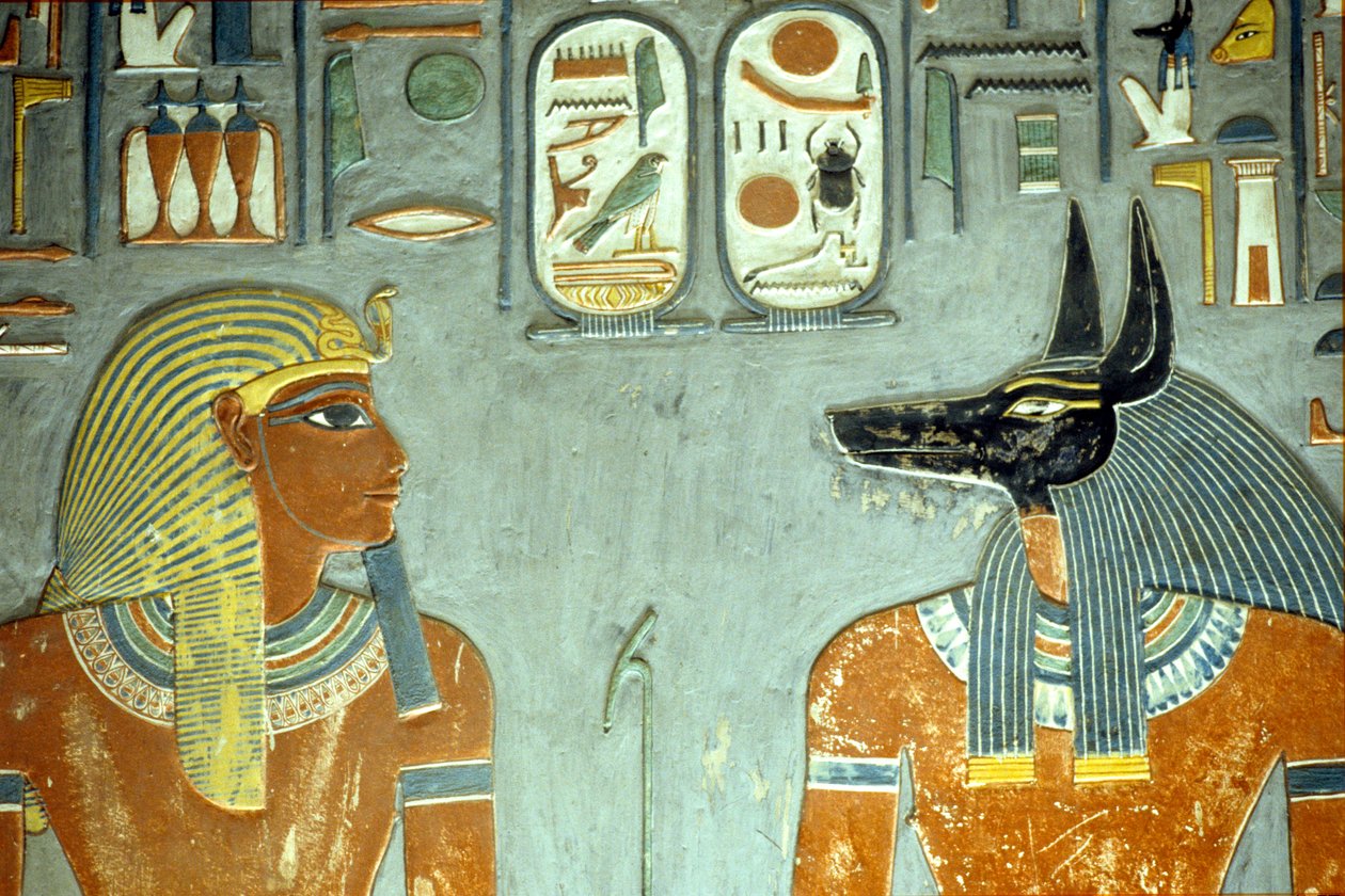 Horemheb ja Anubis, Horemhebin haudasta (n. 1323-1295 eKr.) Uusi kuningaskunta (seinämaalaus) (218343:n yksityiskohta) tekijältä Egyptian 18th Dynasty