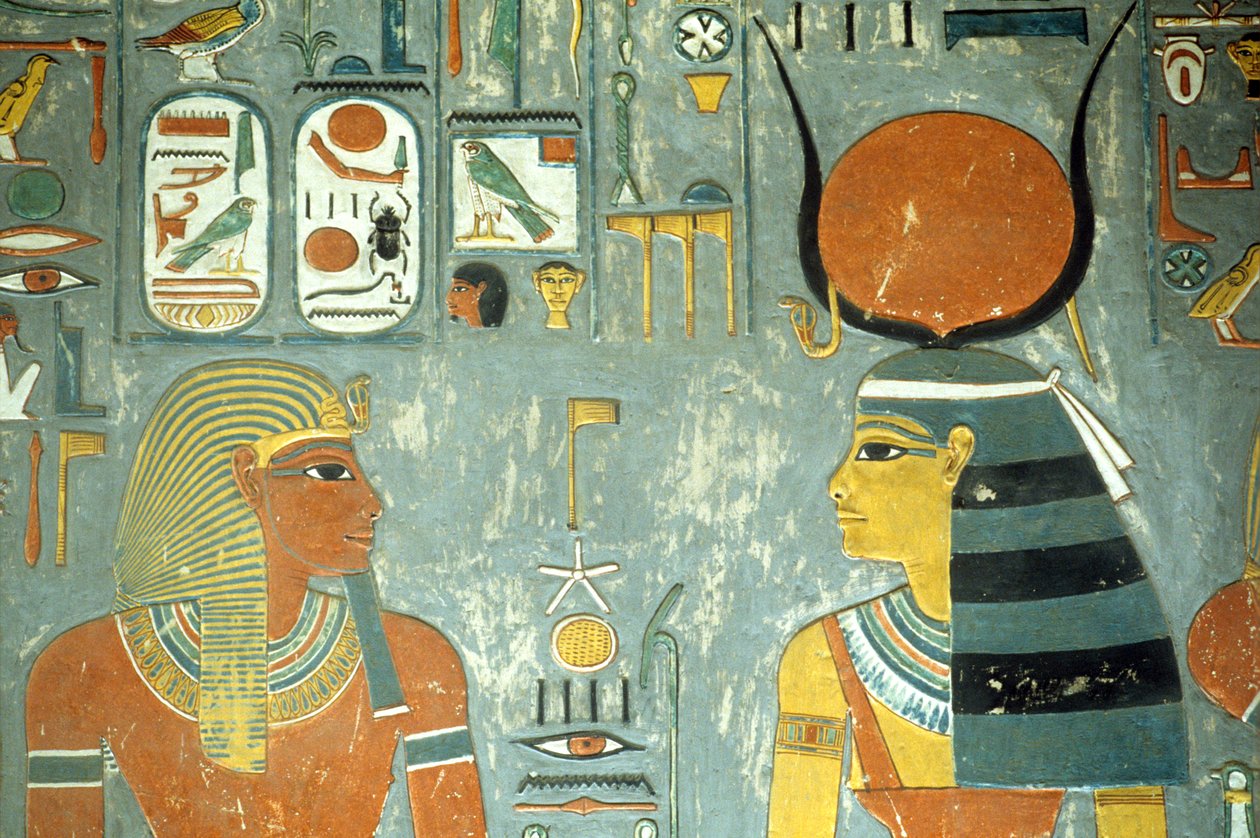 Horemheb ja Hathor, Horemhebin haudasta (n. 1323-1295 eKr.) Uusi kuningaskunta (seinämaalaus) (yksityiskohta 218340) tekijältä Egyptian 18th Dynasty