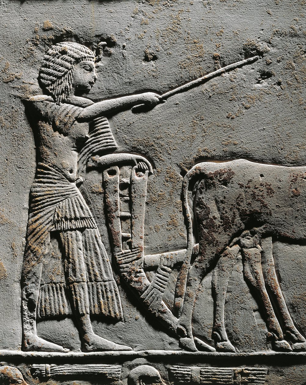 Horemheb kyntämässä maata Iarun pelloilla, reliefi Horemhebin haudasta Saqqarassa, yksityiskohtia tekijältä Egyptian 18th Dynasty