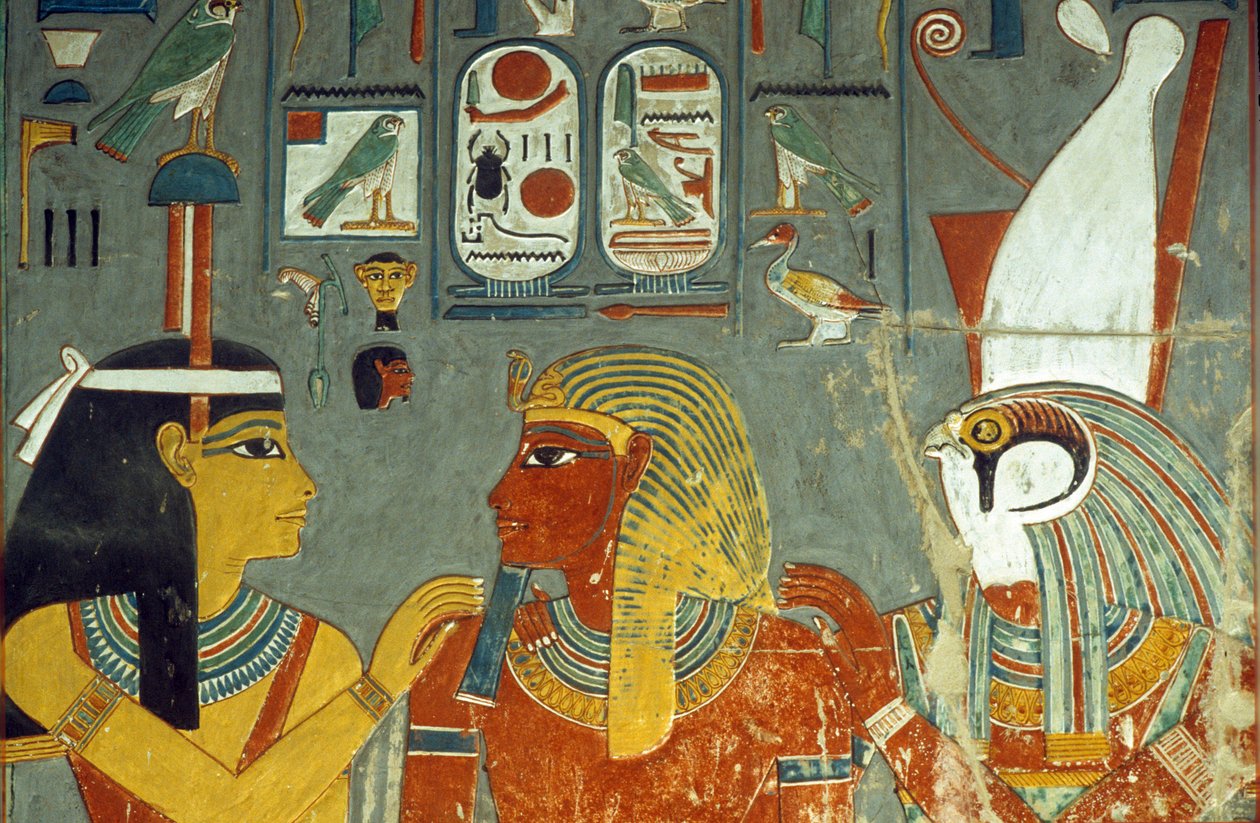 Horus, Horemheb ja Hathor, Horemhebin haudasta (n. 1323-1295 eKr.) Uusi kuningaskunta (seinämaalaus) tekijältä Egyptian 18th Dynasty