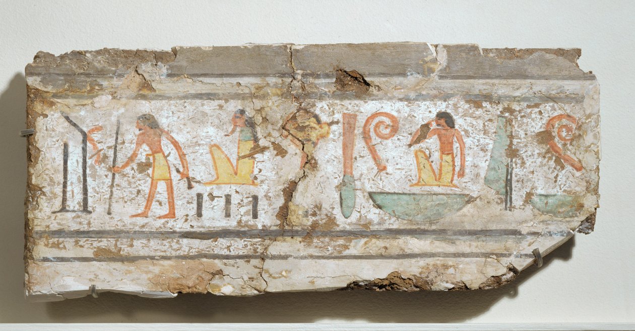 Kirjoitus erityisen selkeillä hieroglyfeillä: mies kävelykeppinsä kanssa, parrakas jumala kyykyssä, mies käsi suullaan ... tekijältä Egyptian 18th Dynasty