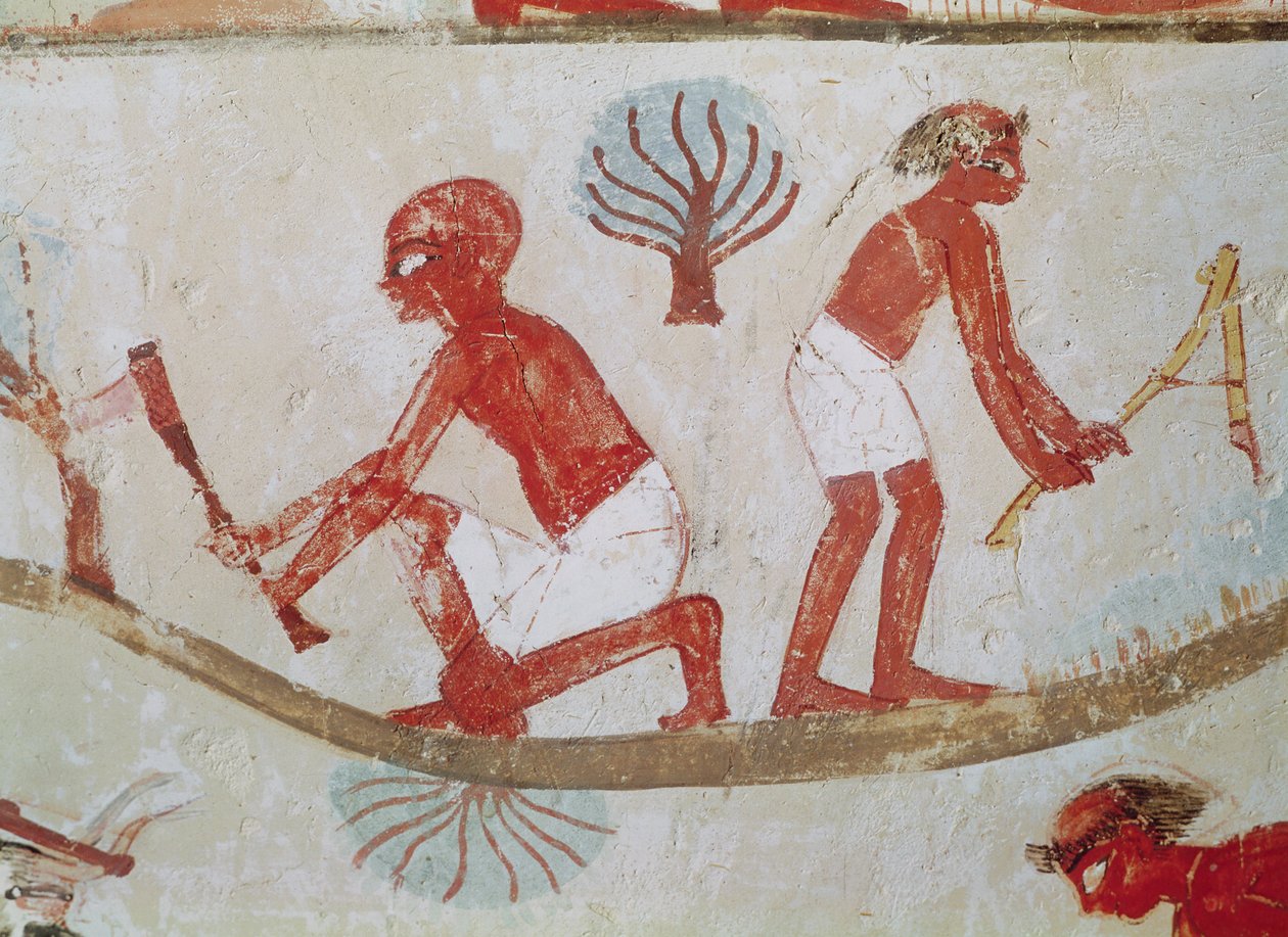 Työläinen ja metsuri töissä, Nakhtin haudasta, Uudesta kuningaskunnasta (seinämaalaus) tekijältä Egyptian 18th Dynasty