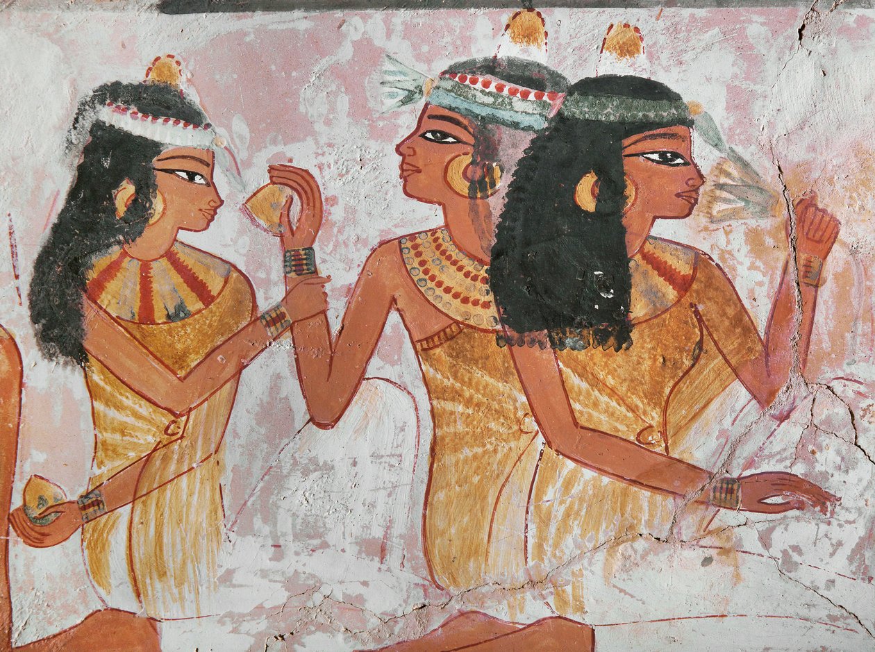 Naiset tarjoavat sitruunaa ja mandragora-juurta toiselle naiselle juhlaillallisen aikana (taustamaalaus). tekijältä Egyptian 18th Dynasty